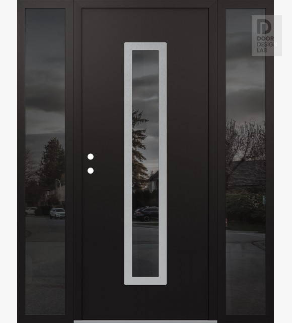 Modern Steel Front Door DIAMOND A11 68" X 80" BLACK/BLACK MIRRORED GLASS PANEL STAINLESS STEEL RHI WITH 2 SIDELITES MIRRORED GLASS
