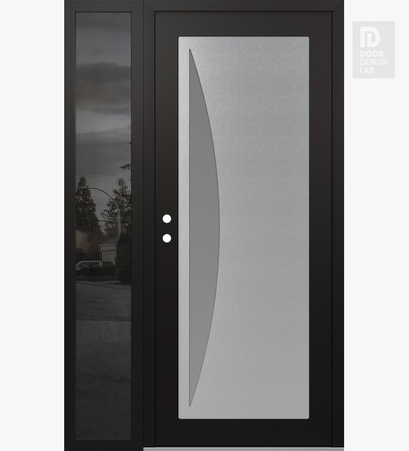 Modern Steel Front Door Diamond C13 48" x 80" black/white frosted Glass Panel stainless steel RHI with Sidelite mirrored Glass