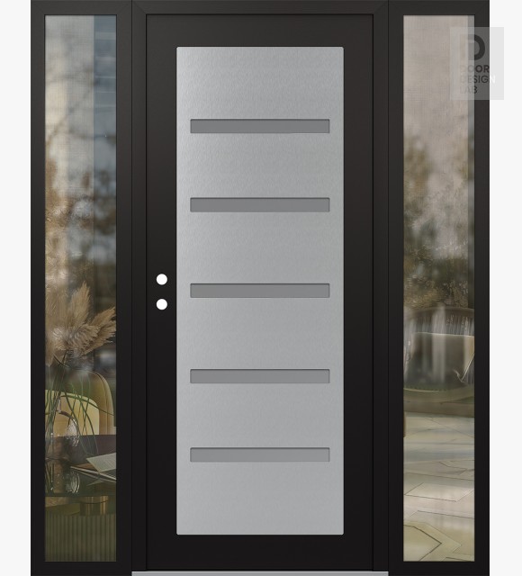 Modern Steel Front Door Diamond C7 64" x 80" black/white frosted Glass Panel stainless steel RHI with 2 Sidelites clear Glass