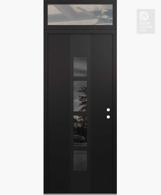 Modern Steel Front Door DIAMOND A10 36" X 96" BLACK/BLACK MIRRORED GLASS PANEL BLACK LHI WITH TRANSOM CLEAR GLASS
