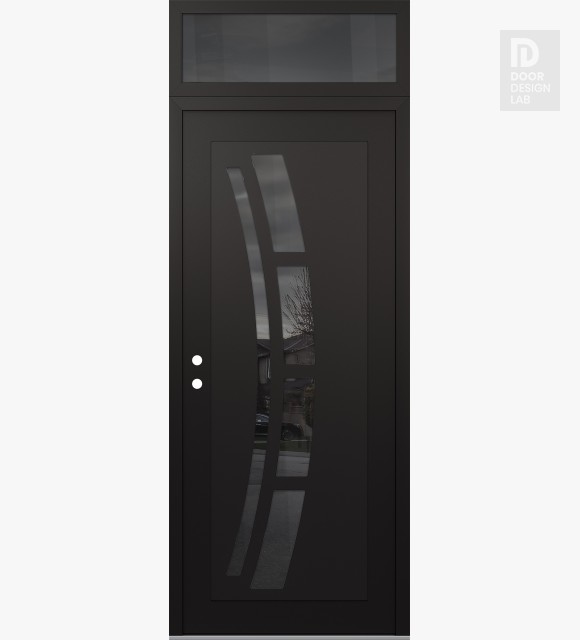 Modern Steel Front Door Diamond C12 36" x 96" black/black mirrored Glass Panel black RHI with Transom mirrored Glass