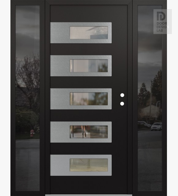 Modern Steel Front Door Diamond D3 64" x 80" black/black clear Glass Panel stainless steel LHI with 2 Sidelites mirrored Glass