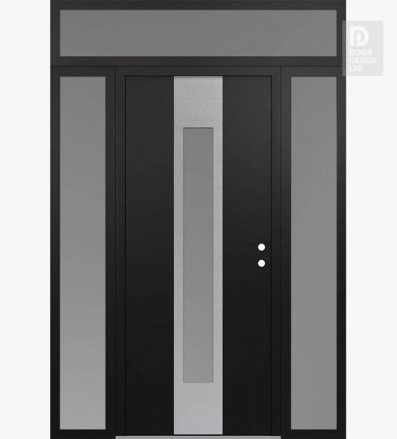 Modern Steel Front Door DIAMOND A1 64" X 96" BLACK/WHITE FROSTED GLASS PANEL STAINLESS STEEL LHI WITH 2 SIDELITES AND TRANSOM FROSTED GLASS
