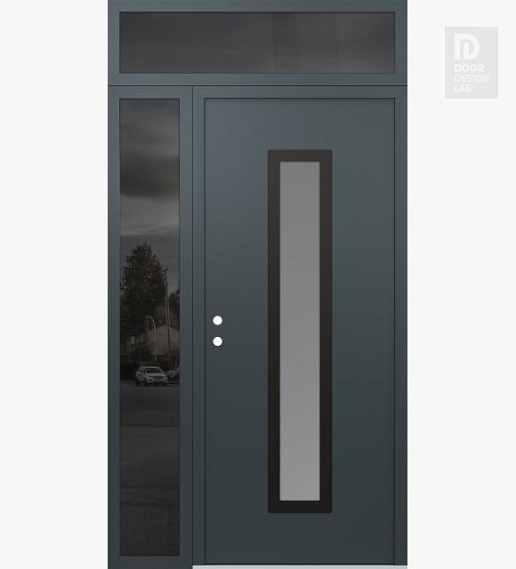 Modern Steel Front Door DIAMOND A11 50" X 96" ANTHRACITE/ANTHRACITE FROSTED GLASS PANEL BLACK RHI WITH SIDELITE AND TRANSOM MIRRORED GLASS