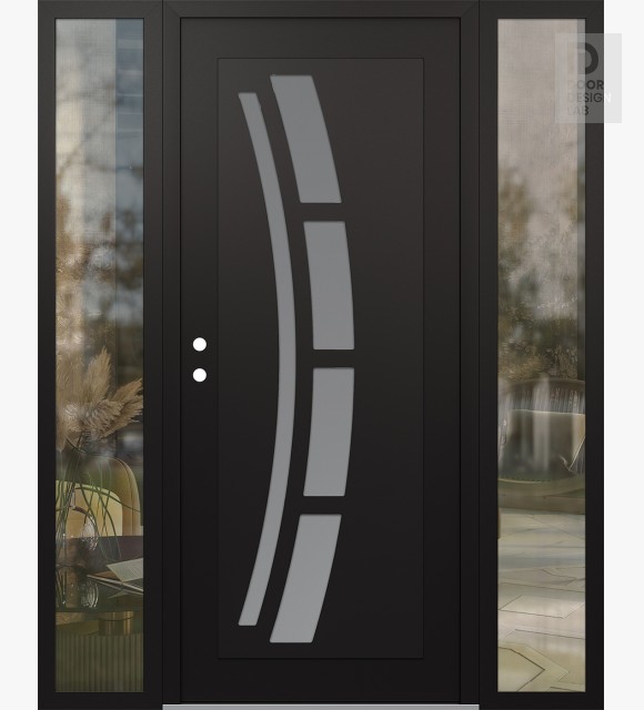 Modern Steel Front Door Diamond C12 68" x 80" black/white frosted Glass Panel black RHI with 2 Sidelites clear Glass
