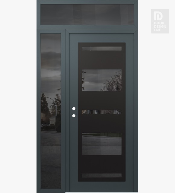 Modern Steel Front Door Diamond C10 50" x 96" anthracite/anthracite mirrored Glass Panel black RHI with Sidelite and Transom mirrored Glass