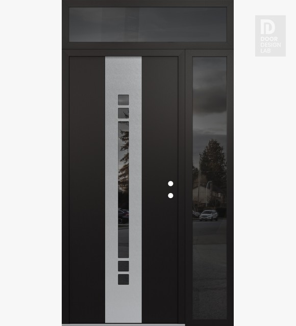 Modern Steel Front Door DIAMOND A4 52" X 96" BLACK/BLACK MIRRORED GLASS PANEL STAINLESS STEEL LHI WITH SIDELITE AND TRANSOM MIRRORED GLASS