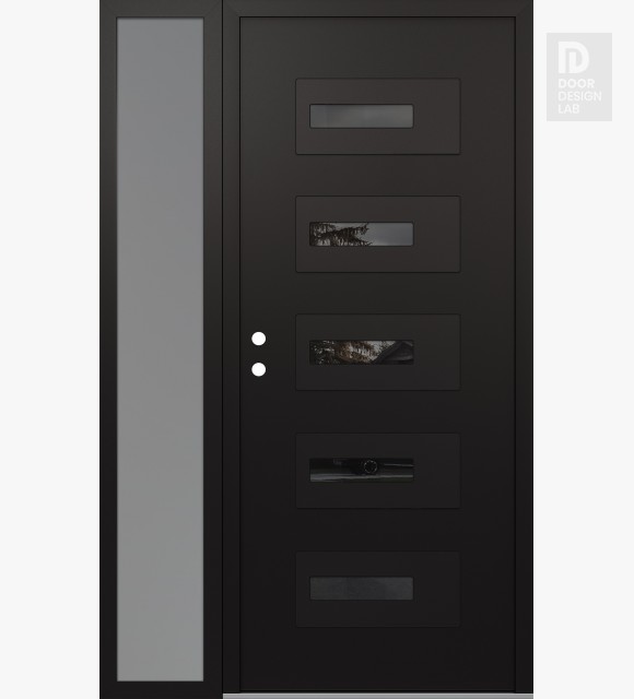 Modern Steel Front Door Diamond D6 52" x 80" black/black mirrored Glass Panel black RHI with Sidelite frosted Glass