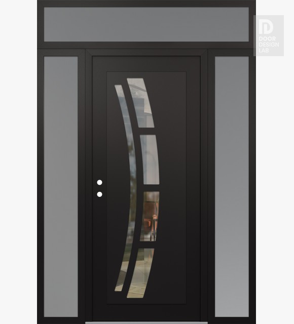 Modern Steel Front Door Diamond C12 68" x 96" black/black clear Glass Panel black RHI with 2 Sidelites and Transom frosted Glass