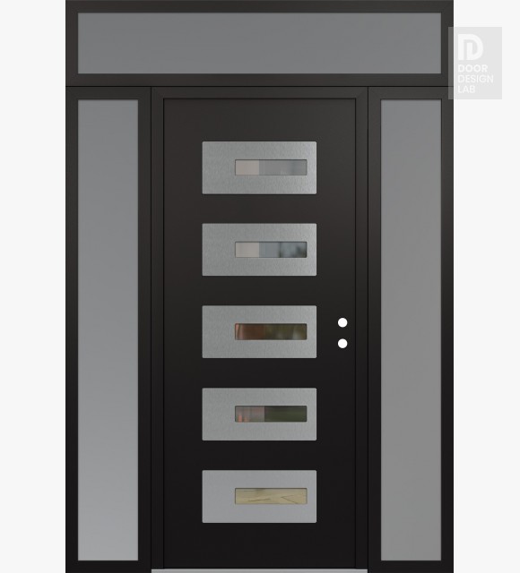 Modern Steel Front Door Diamond D6 60" x 96" black/black clear Glass Panel stainless steel LHI with 2 Sidelites and Transom frosted Glass
