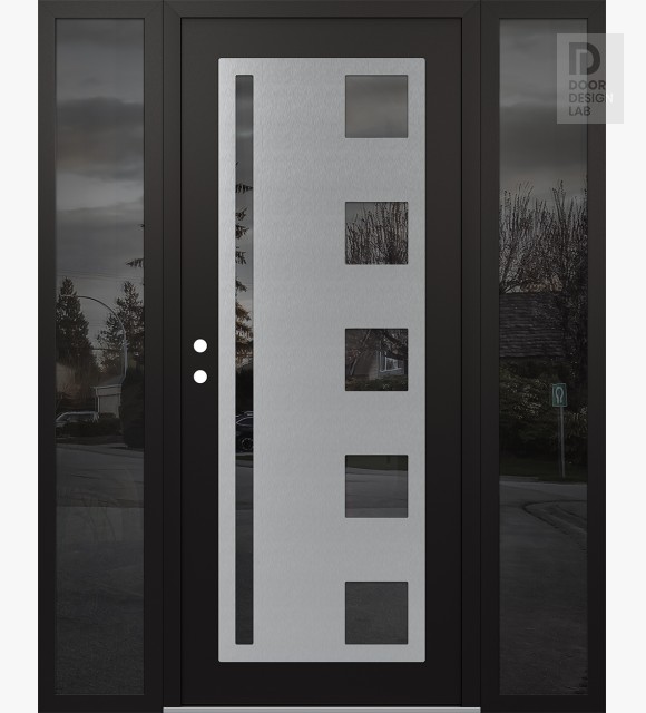 Modern Steel Front Door Diamond C3 68" x 80" black/black mirrored Glass Panel stainless steel RHI with 2 Sidelites mirrored Glass