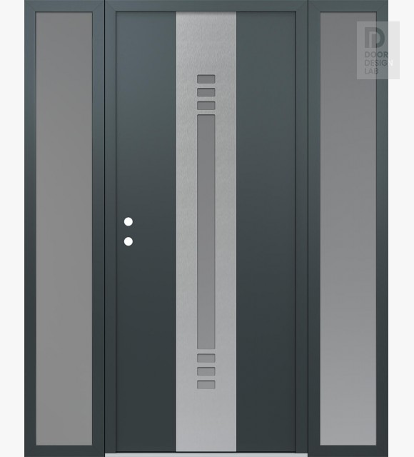 Modern Steel Front Door DIAMOND A5 68" X 80" ANTHRACITE/ANTHRACITE FROSTED GLASS PANEL STAINLESS STEEL RHI WITH 2 SIDELITES FROSTED GLASS