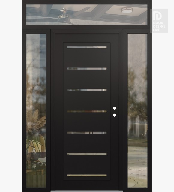 Modern Steel Front Door Diamond C11 64" x 96" black/black clear Glass Panel black LHI with 2 Sidelites and Transom clear Glass