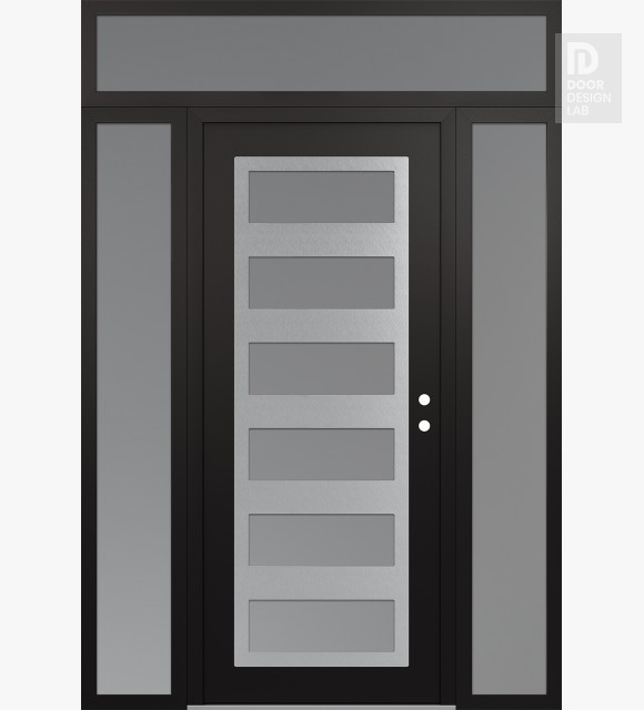 Modern Steel Front Door Diamond C9 68" x 96" black/white frosted Glass Panel stainless steel LHI with 2 Sidelites and Transom frosted Glass