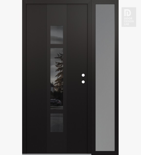 Modern Steel Front Door DIAMOND A9 48" X 80" BLACK/BLACK MIRRORED GLASS PANEL BLACK LHI WITH SIDELITE FROSTED GLASS