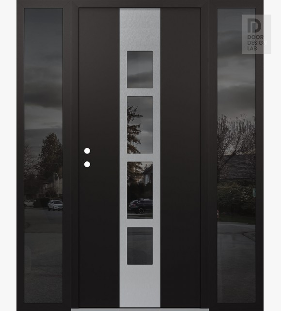 Modern Steel Front Door DIAMOND A10 68" X 80" BLACK/BLACK MIRRORED GLASS PANEL STAINLESS STEEL RHI WITH 2 SIDELITES MIRRORED GLASS