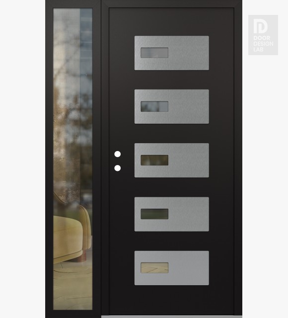 Modern Steel Front Door Diamond D7 52" x 80" black/black clear Glass Panel stainless steel RHI with Sidelite clear Glass