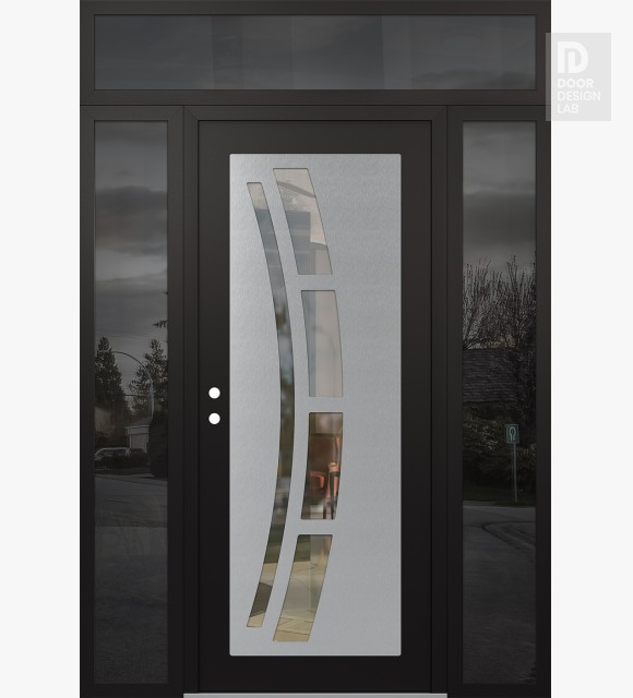Modern Steel Front Door Diamond C12 64" x 96" black/black clear Glass Panel stainless steel RHI with 2 Sidelites and Transom mirrored Glass
