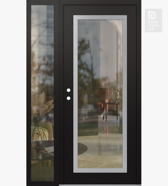 Modern Steel Front Door Diamond C1 52" x 80" black/black clear Glass Panel stainless steel RHI with Sidelite clear Glass