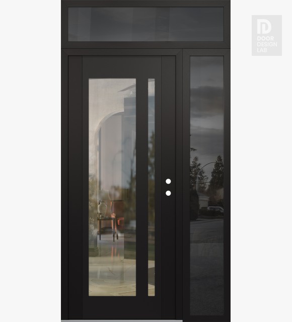 Modern Steel Front Door Diamond C15 50" x 96" black/black clear Glass Panel black LHI with Sidelite and Transom mirrored Glass