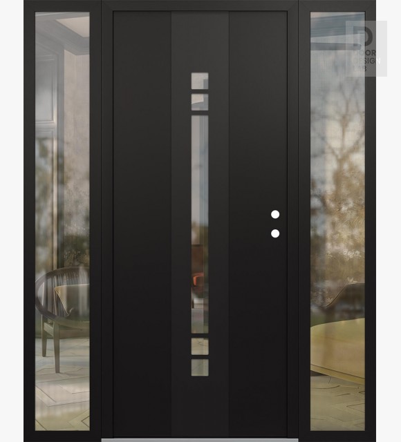 Modern Steel Front Door DIAMOND A4 64" X 80" BLACK/BLACK CLEAR GLASS PANEL BLACK LHI WITH 2 SIDELITES CLEAR GLASS