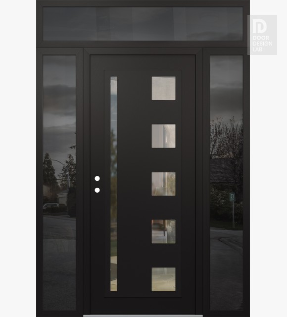Modern Steel Front Door Diamond C3 60" x 96" black/black clear Glass Panel black RHI with 2 Sidelites and Transom mirrored Glass