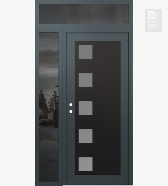 Modern Steel Front Door Diamond C5 48" x 96" anthracite/anthracite frosted Glass Panel black RHI with Sidelite and Transom mirrored Glass