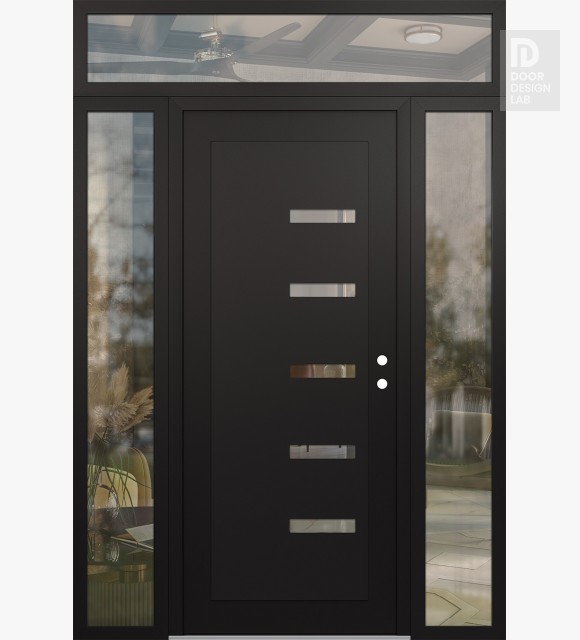 Modern Steel Front Door Diamond C8 64" x 96" black/black clear Glass Panel black LHI with 2 Sidelites and Transom clear Glass