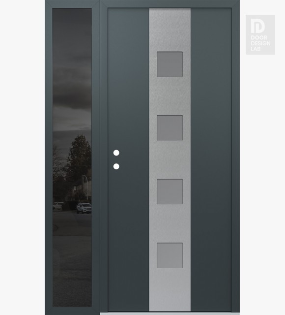 Modern Steel Front Door DIAMOND A12 50" X 80" ANTHRACITE/ANTHRACITE FROSTED GLASS PANEL STAINLESS STEEL RHI WITH SIDELITE MIRRORED GLASS