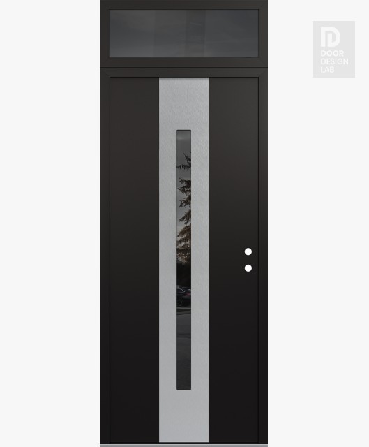 Modern Steel Front Door DIAMOND A2 36" X 96" BLACK/BLACK MIRRORED GLASS PANEL STAINLESS STEEL LHI WITH TRANSOM MIRRORED GLASS