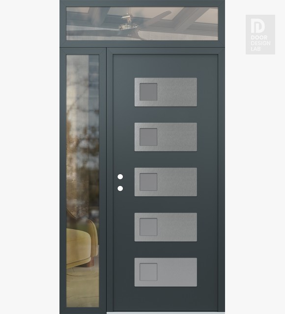 Modern Steel Front Door Diamond D2 52" x 96" anthracite/anthracite frosted Glass Panel stainless steel RHI with Sidelite and Transom clear Glass