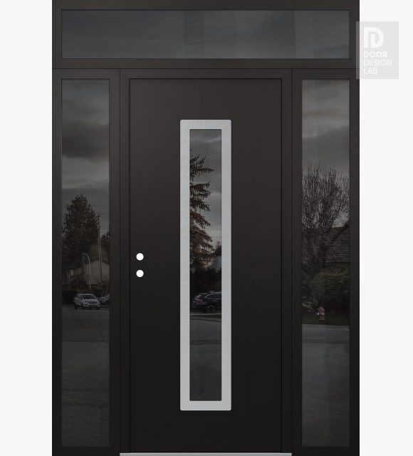 Modern Steel Front Door DIAMOND A11 60" X 96" BLACK/BLACK MIRRORED GLASS PANEL STAINLESS STEEL RHI WITH 2 SIDELITES AND TRANSOM MIRRORED GLASS