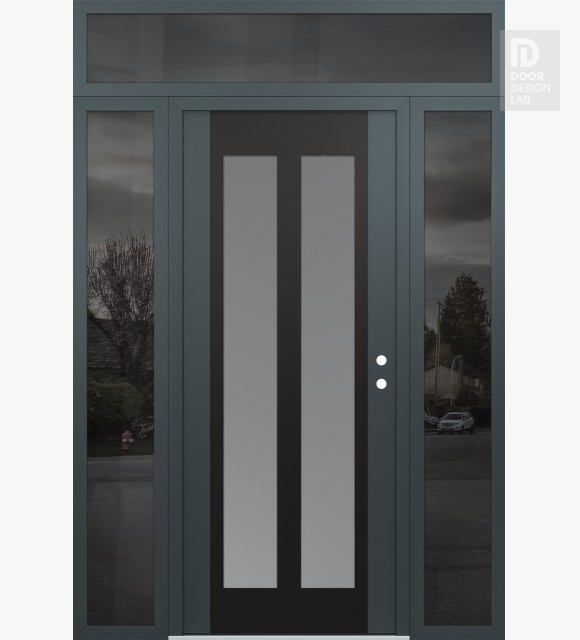 Modern Steel Front Door Diamond C14 64" x 96" anthracite/anthracite frosted Glass Panel black LHI with 2 Sidelites and Transom mirrored Glass