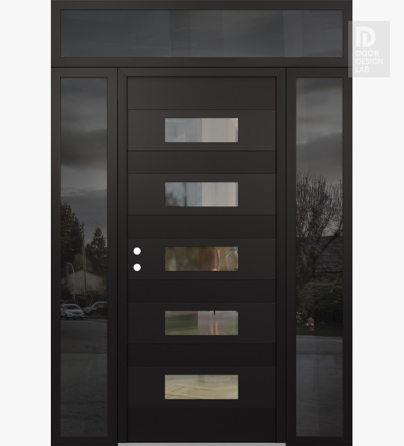 Modern Steel Front Door Diamond D5 64" x 96" black/black clear Glass Panel black RHI with 2 Sidelites and Transom mirrored Glass