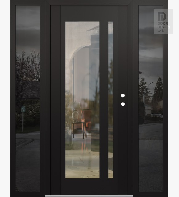 Modern Steel Front Door Diamond C15 64" x 80" black/black clear Glass Panel black LHI with 2 Sidelites mirrored Glass