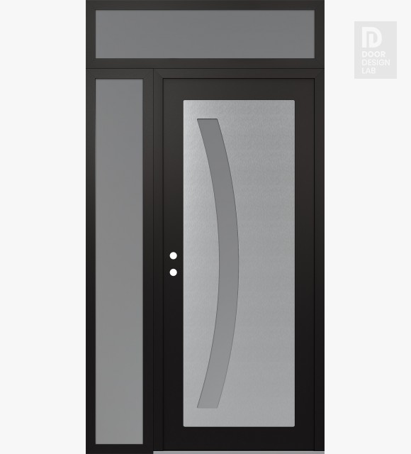 Modern Steel Front Door Diamond C4 52" x 96" black/white frosted Glass Panel stainless steel RHI with Sidelite and Transom frosted Glass