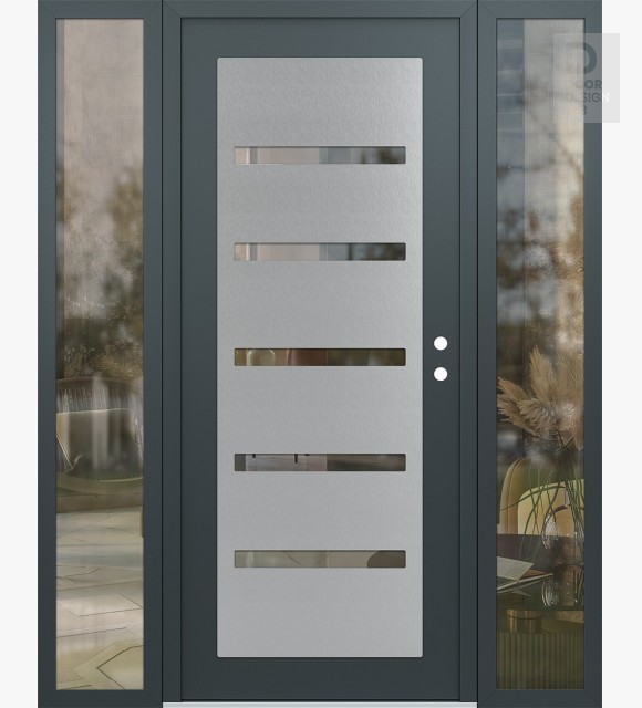 Modern Steel Front Door Diamond C7 60" x 80" anthracite/anthracite clear Glass Panel stainless steel LHI with 2 Sidelites clear Glass