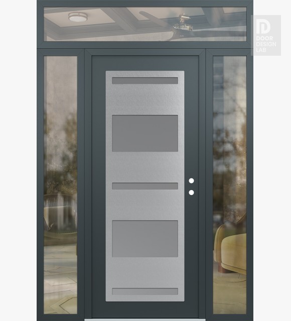 Modern Steel Front Door Diamond C10 60" x 96" anthracite/anthracite frosted Glass Panel stainless steel LHI with 2 Sidelites and Transom clear Glass