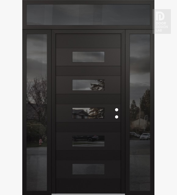 Modern Steel Front Door Diamond D5 60" x 96" black/black mirrored Glass Panel black LHI with 2 Sidelites and Transom mirrored Glass