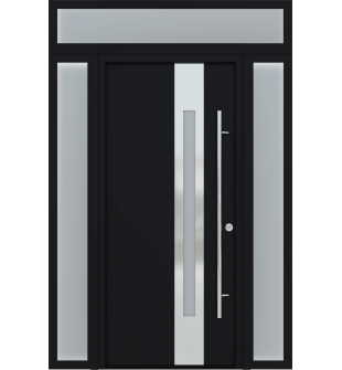 MODERN BLACK FRONT STEEL DOOR WITH SIDELITES AND TRANSOM "ZEPHYR" 61 1/16" X 95 11/16" RIGHT HAND INSWING