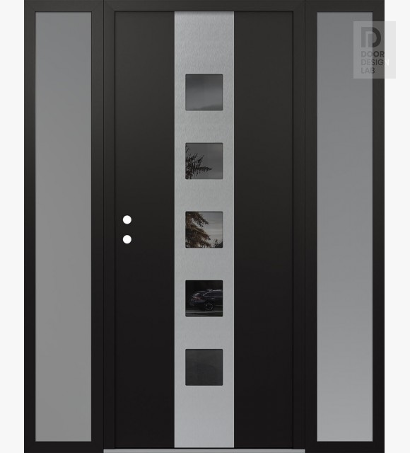 Modern Steel Front Door DIAMOND A13 64" X 80" BLACK/BLACK MIRRORED GLASS PANEL STAINLESS STEEL RHI WITH 2 SIDELITES FROSTED GLASS