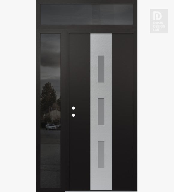 Modern Steel Front Door DIAMOND A7 50" X 96" BLACK/WHITE FROSTED GLASS PANEL STAINLESS STEEL RHI WITH SIDELITE AND TRANSOM MIRRORED GLASS