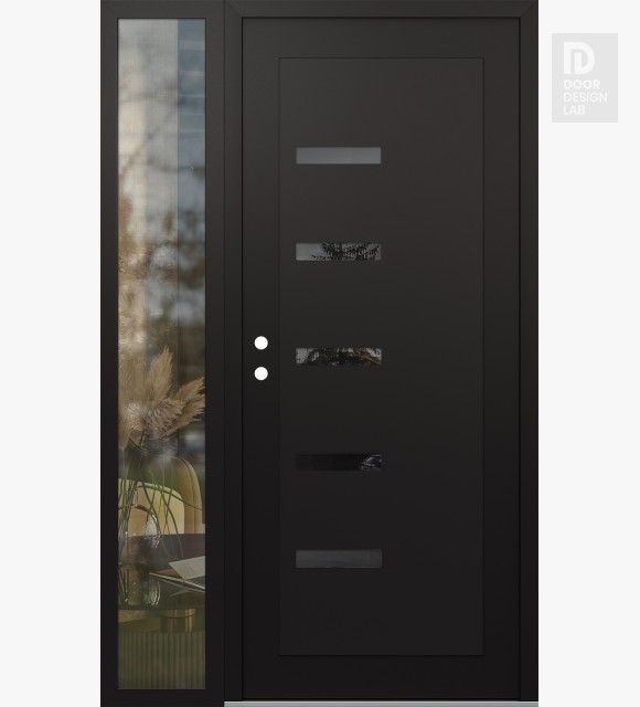 Modern Steel Front Door Diamond C8 52" x 80" black/black mirrored Glass Panel black RHI with Sidelite clear Glass
