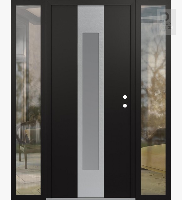 Modern Steel Front Door DIAMOND A1 68" X 80" BLACK/WHITE FROSTED GLASS PANEL STAINLESS STEEL LHI WITH 2 SIDELITES CLEAR GLASS