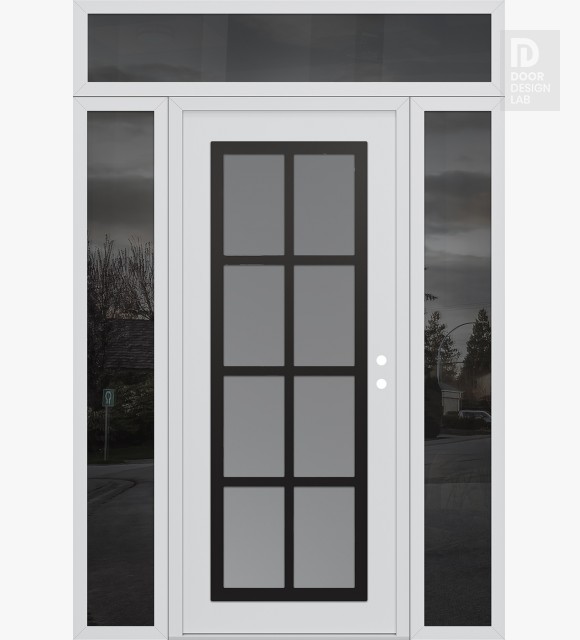 Modern Steel Front Door Diamond C16 60" x 96" white/white frosted Glass Panel black LHI with 2 Sidelites and Transom mirrored Glass