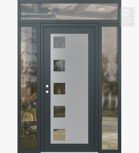 Modern Steel Front Door Diamond C5 60" x 96" anthracite/anthracite clear Glass Panel stainless steel RHI with 2 Sidelites and Transom clear Glass