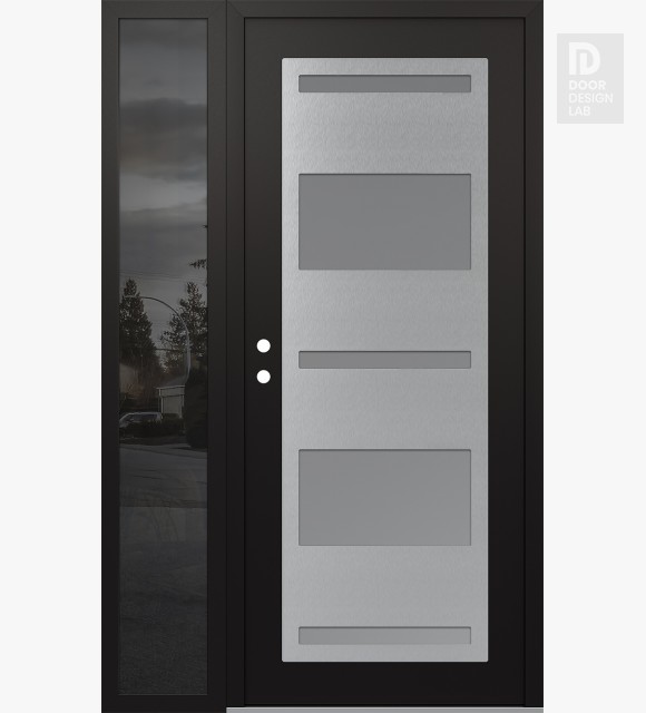 Modern Steel Front Door Diamond C10 52" x 80" black/white frosted Glass Panel stainless steel RHI with Sidelite mirrored Glass