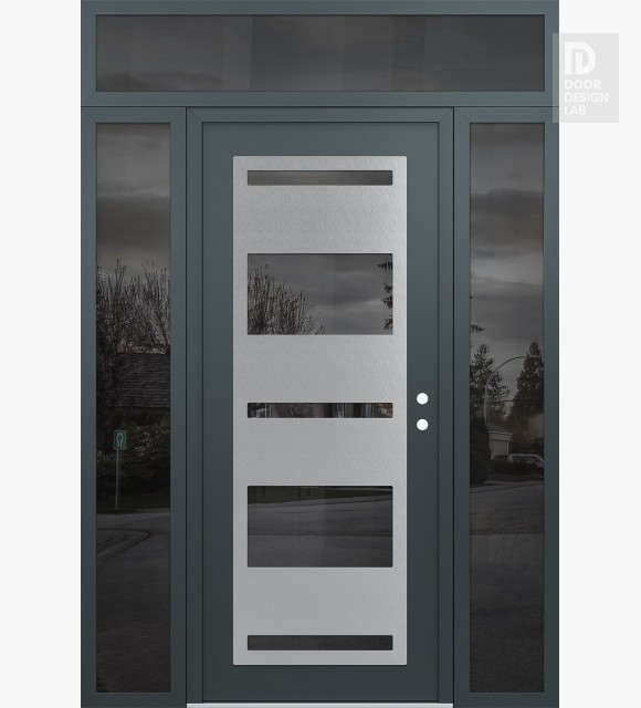 Modern Steel Front Door Diamond C10 64" x 96" anthracite/anthracite mirrored Glass Panel stainless steel LHI with 2 Sidelites and Transom mirrored Glass