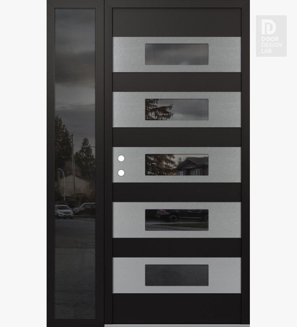 Modern Steel Front Door Diamond D5 52" x 80" black/black mirrored Glass Panel stainless steel RHI with Sidelite mirrored Glass