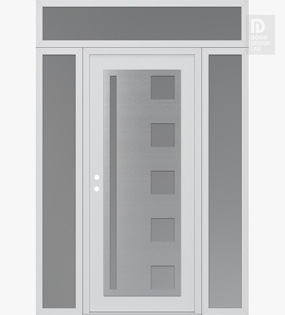 Modern Steel Front Door Diamond C3 68" x 96" white/white frosted Glass Panel stainless steel RHI with 2 Sidelites and Transom frosted Glass